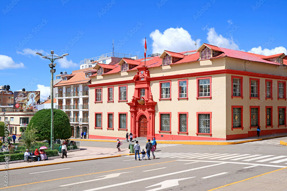 Street Scene of Plaza de Armas Square with the Amazing Justice Palace in the City of Puno, Peru, South America