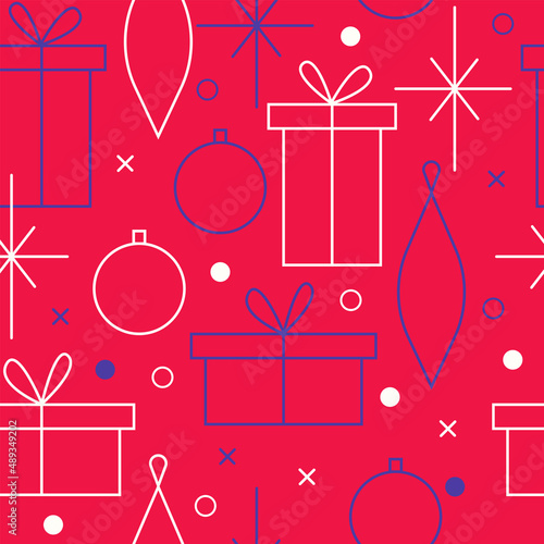 Christmas seamless vector pattern. Minimalistic illustration with snowflakes and Christmas tree decoration ball. Line art, north hugge aesthetic