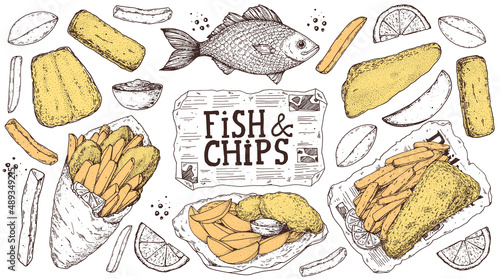Fish and chips sketch vector illustration. British pub food. Hand drawn sketch. Cooking fish and chips. Engraved hand drawn vintage image. Menu design template.