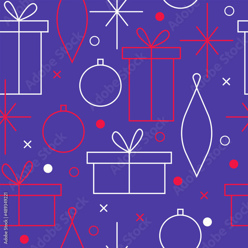 Christmas seamless vector pattern. Minimalistic illustration with snowflakes and Christmas tree decoration ball. Line art, north hugge aesthetic