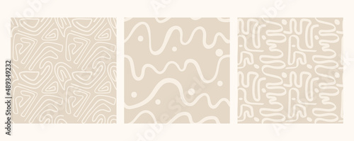 Set of aesthetic printable seamless pattern with abstract line brush stroke shapes and line in nude colors