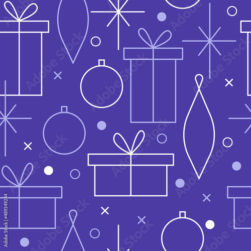 Christmas seamless vector pattern. Minimalistic illustration with snowflakes and Christmas tree decoration ball. Line art, north hugge aesthetic