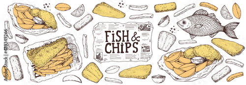 Fish and chips sketch vector illustration. British pub food. Hand drawn sketch. Cooking fish and chips. Engraved hand drawn vintage image. Menu design template.