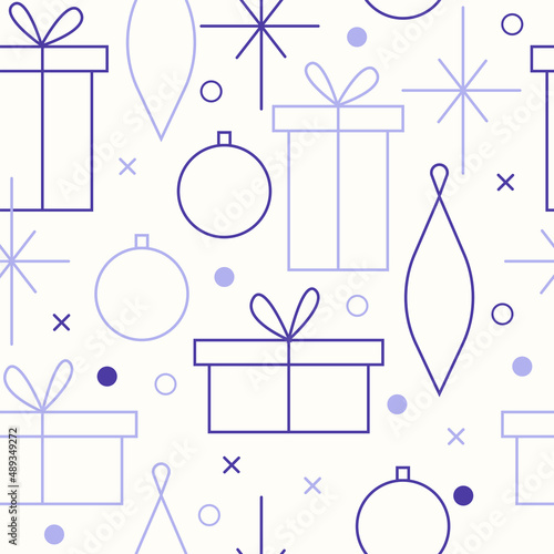 Christmas seamless vector pattern. Minimalistic illustration with snowflakes and Christmas tree decoration ball. Line art, north hugge aesthetic