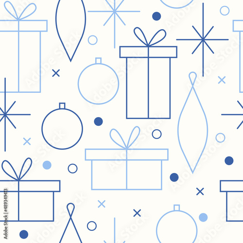 Christmas seamless vector pattern. Minimalistic illustration with snowflakes and Christmas tree decoration ball. Line art, north hugge aesthetic