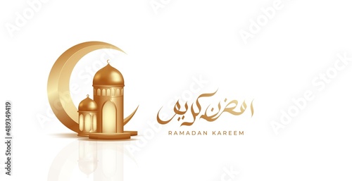 Ramadan Kareem arabic calligraphy with Mosque and Crescent Moon vector design for islamic celebration day, background, invitation, or greeting card with luxury elegant style.
