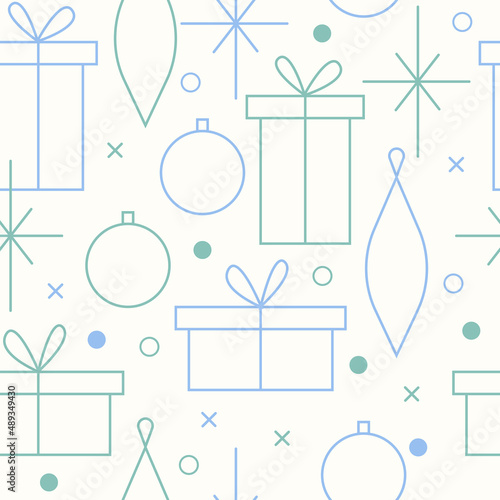 Christmas seamless vector pattern. Minimalistic illustration with snowflakes and Christmas tree decoration ball. Line art, north hugge aesthetic