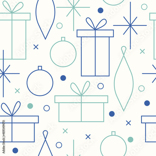 Christmas seamless vector pattern. Minimalistic illustration with snowflakes and Christmas tree decoration ball. Line art, north hugge aesthetic