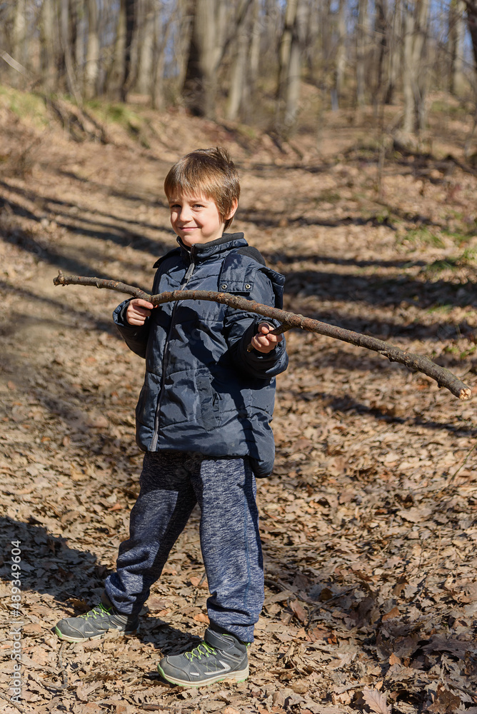 A boy is playing with a wooden stick in the woods A boy is playing with a wooden stick in the woods