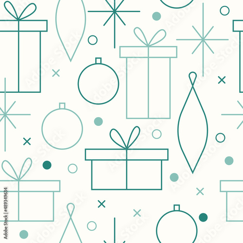 Christmas seamless vector pattern. Minimalistic illustration with snowflakes and Christmas tree decoration ball. Line art, north hugge aesthetic