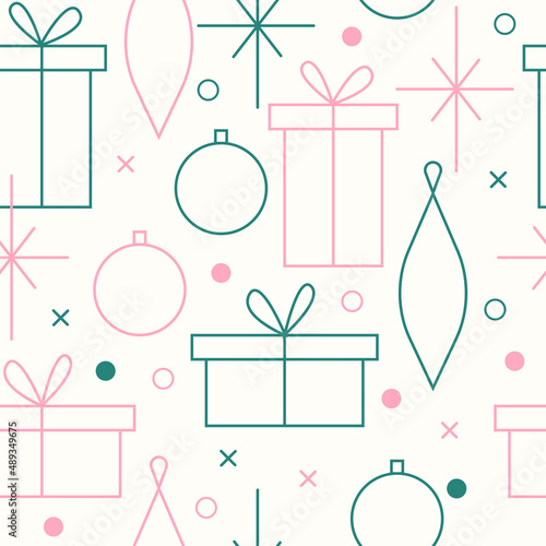 Christmas seamless vector pattern. Minimalistic illustration with snowflakes and Christmas tree decoration ball. Line art, north hugge aesthetic