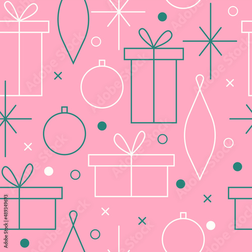 Christmas seamless vector pattern. Minimalistic illustration with snowflakes and Christmas tree decoration ball. Line art, north hugge aesthetic