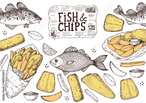 Fish and chips sketch vector illustration. British pub food. Hand drawn sketch. Cooking fish and chips. Engraved hand drawn vintage image. Menu design template