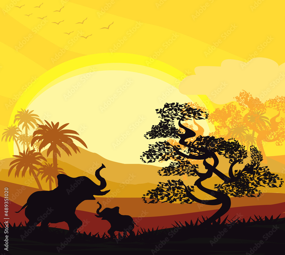 Cartoon African Savannah Card Poster - elephants  during sunset