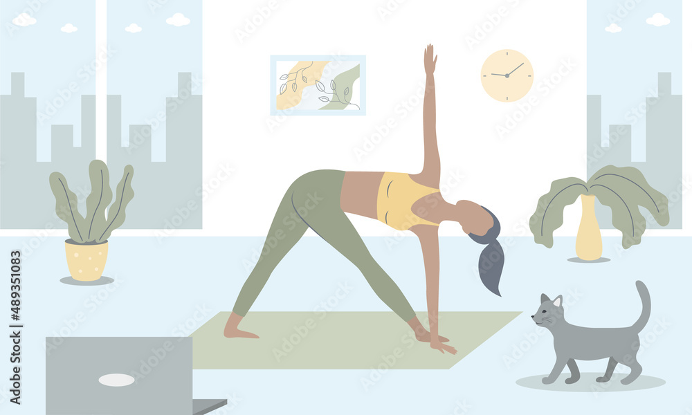 Young woman doing yoga, fitness at home on mat. Girl watches online classes on laptop and performs sports exercises, yoga. Fashionable flat vector