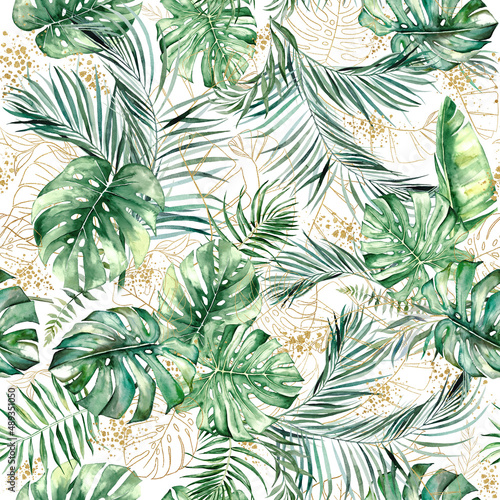 Seamless pattern with green and golden watercolor tropical leaves illustration