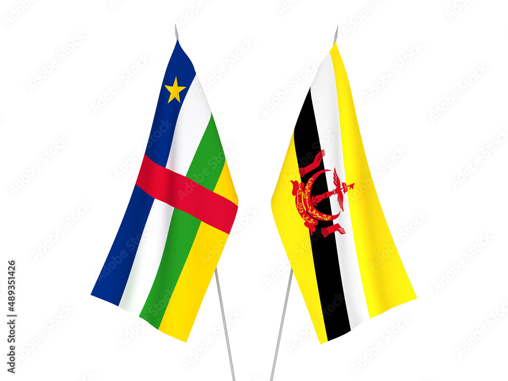 National fabric flags of Central African Republic and Brunei isolated on white background. 3d rendering illustration. National fabric flags of Central African Republic and Brunei isolated on white background. 3d rendering illustration.