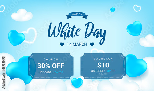Happy White Day Sale Banner Vector design. Balloon hearts on the clouds background.
