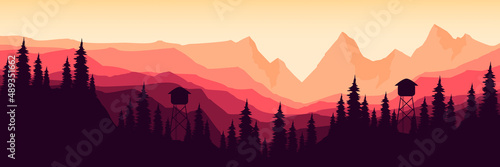 sunrise mountain with forest silhouette flat design vector banner template good for web banner, ads banner, tourism banner, wallpaper, background template, and adventure design backdrop