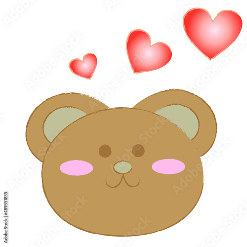 Drawing of cute brown bear and red hearts on white background. It is a vector work.