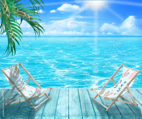 夏の太陽輝く雲のある青い空とウッドデッキにデッキチェアとヤシの木と美しい海のフレーム素材
