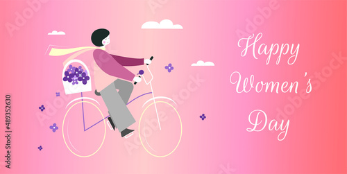 Fototapeta Naklejka Na Ścianę i Meble -  Happy women's day celebration, congratulation in a greeting card, postcard, girl on a bicycle banner, girl on a bike with a lilac basket, spring art  