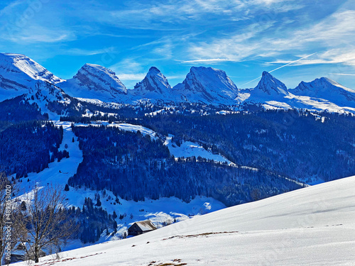 Snowy peaks of the Swiss alpine mountain range Churfirsten (Churfürsten or Churfuersten) in the Appenzell Alps massif - Alt St. Johann, Switzerland (Schweiz) photo