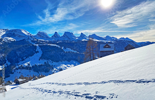 Snowy peaks of the Swiss alpine mountain range Churfirsten (Churfürsten or Churfuersten) in the Appenzell Alps massif - Alt St. Johann, Switzerland (Schweiz) photo