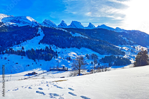 Snowy peaks of the Swiss alpine mountain range Churfirsten (Churfürsten or Churfuersten) in the Appenzell Alps massif - Alt St. Johann, Switzerland (Schweiz)