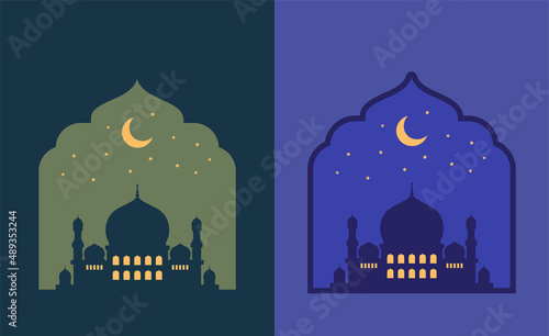 Photo mosque vector silhouette in ramadan kareem with sky and moon