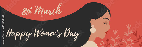 Vector banner for Women's Day. 8 march international womens day flyer with female in minimal style.