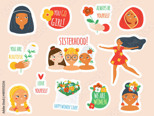 Female stickers collection. Big set of women badges for 8 march celebration, body positive and feminist concept. Inspirational quotes for self care and Girls of different cultures with slogans