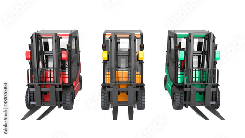 3D rendering of a group of forklift trucks in different colors on a white background