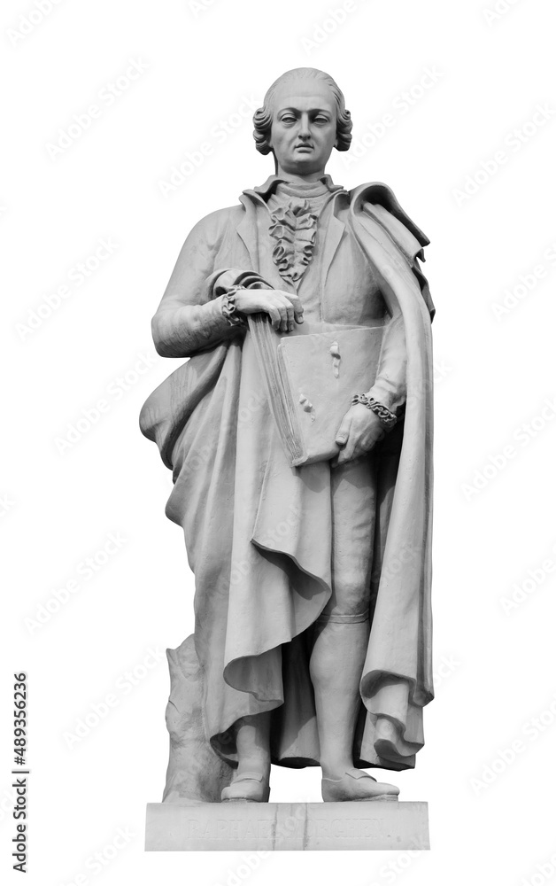 Statue of Raphael Morghen on the facade of the New Hermitage Building in St Petersburg on white background with clipping path