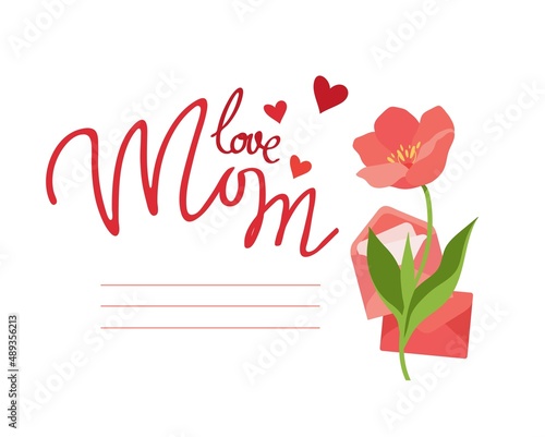 A postcard template for your beloved mother. Logo for the design of Mother's Day cards. Hand-drawn icons of spring tulips, vector isolated colorful element.