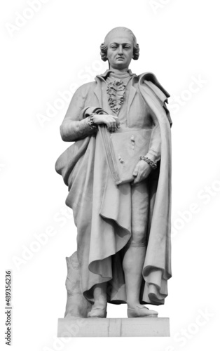 Statue of Raphael Morghen on the facade of the New Hermitage Building in St Petersburg on white background with clipping path