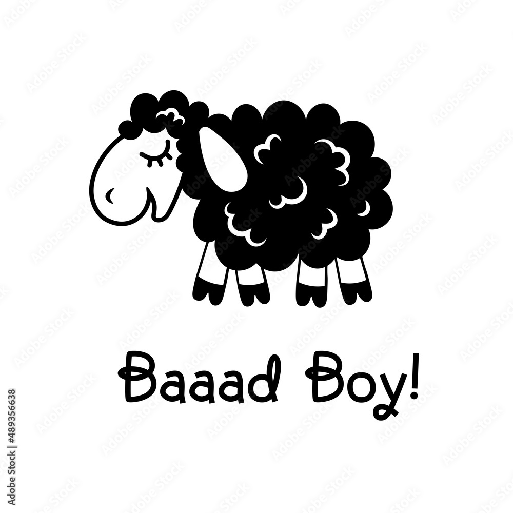 A funny black sheep, Text: baaaad boy, a flat lamb illustration A funny black sheep, Text: baaaad boy, a flat lamb illustration
