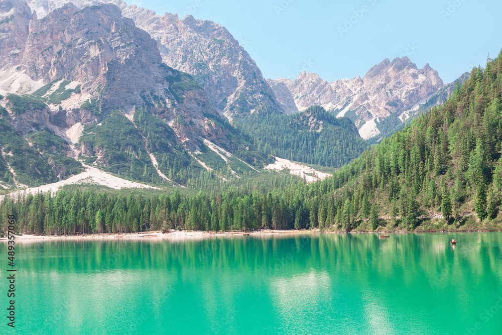 Lago di Braies lake in Italy . Idyllic scenery with lake in European Alps  