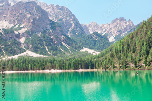 Lago di Braies lake in Italy . Idyllic scenery with lake in European Alps 