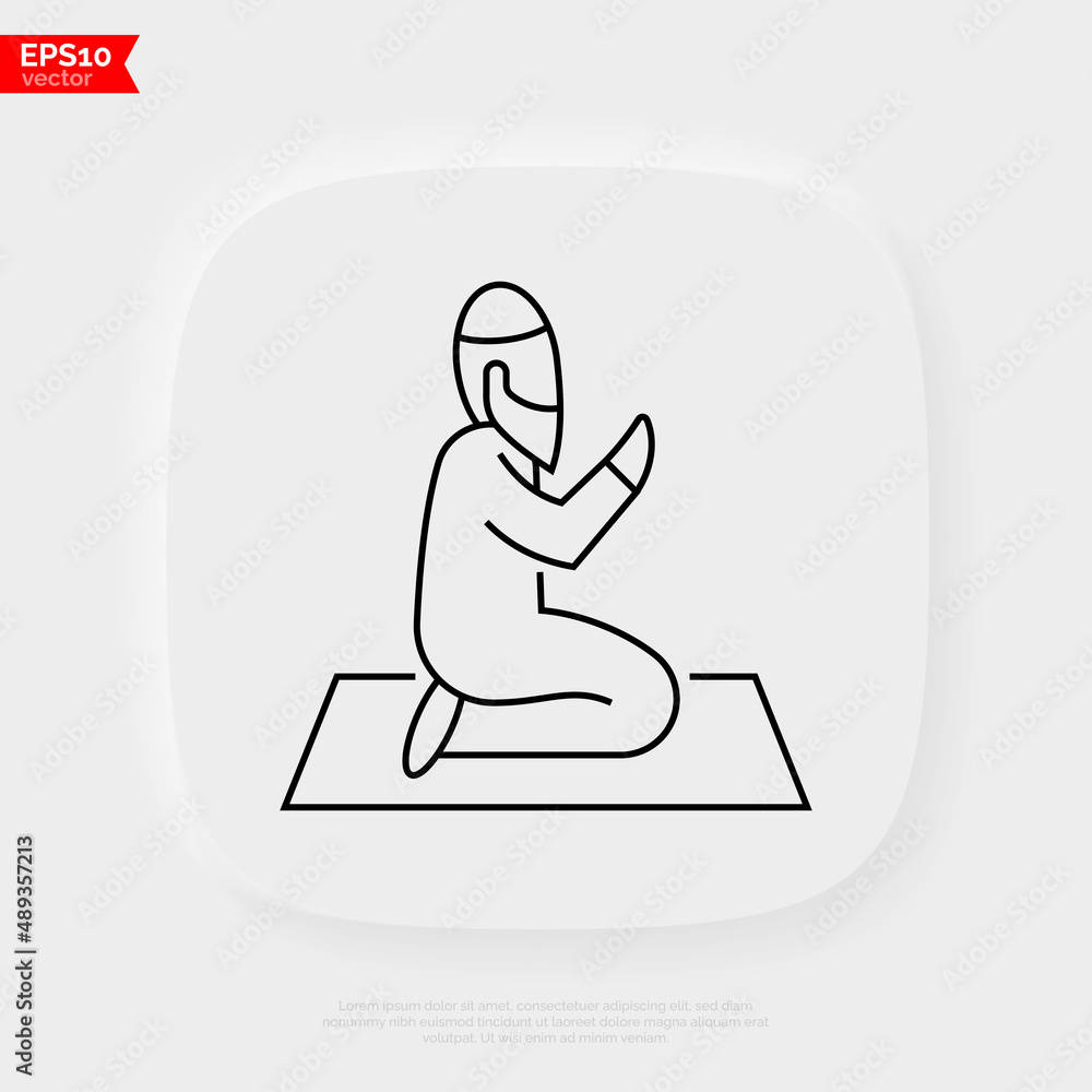 Praying muslim on prayer mat thin line icon. Ramadan. Islam religion. Vector illustration. Praying muslim on prayer mat thin line icon. Ramadan. Islam religion. Vector illustration.