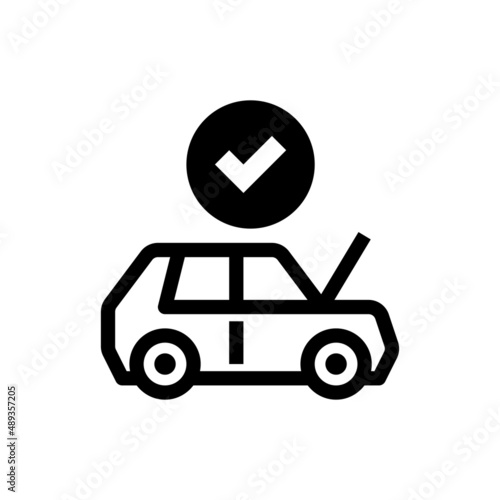 Car inspection thin line icon: car with open hood and check mark above. Vector illustration for car service.