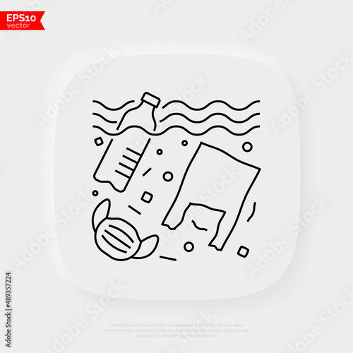 Plastic pollution. Plastic bottle, plastic bottle and medical mask in ocean or sea. Thin line icon. Overconsumption. Trash under water. Vector illustration.