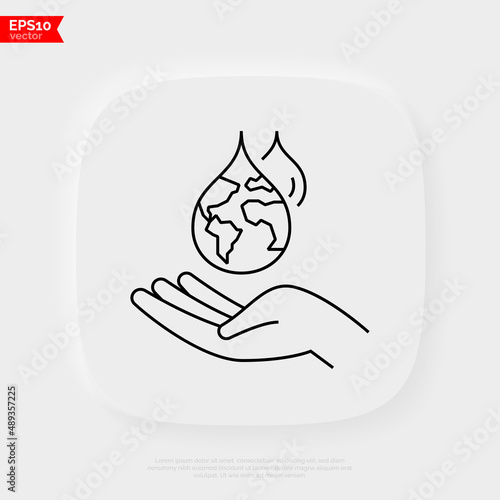 Water consumption concept, water droplet with planet Earth inside falling in human hand. Thin line icon. Save the water, conscious resource consumption. Vector illustration.