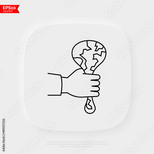 Overconsumption. Human hand squeezing planet. Thin line icon. Climate change, overpopulation, globalization, industrial damage. Vector illustration.