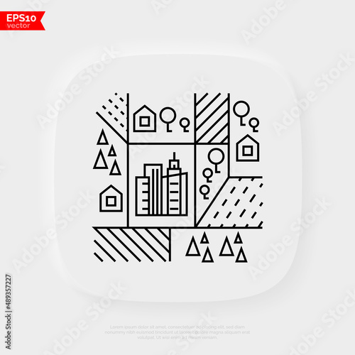 Global land use thin line icon. Deforestation, agriculture, industrial damage, livestock, overpopulated cities. Vector illustration.