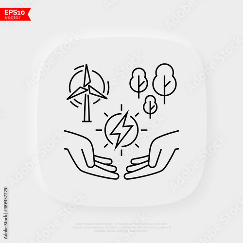 Resource depletion. Sign of energy in human hands, windmill and forests. Overconsumption of natural resources. Loss of resource base thin line icon. Vector illustration.