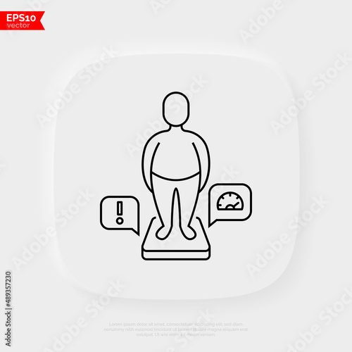 Obesity thin line icon. Man with excess weight on scales. Overeating, health problem. Overconsumption. Vector illustration.