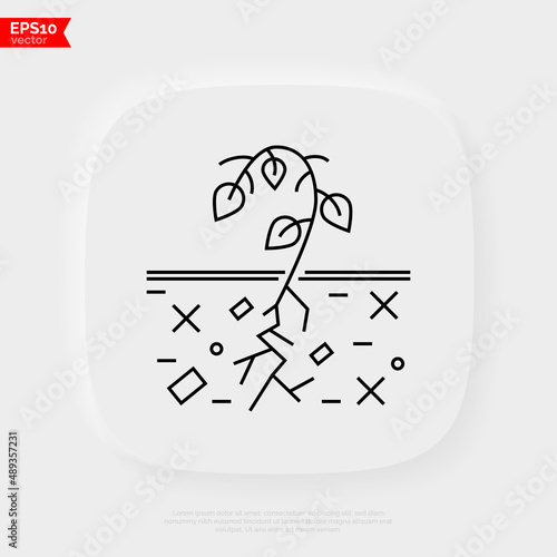 Soil wear thin line icon. Plant cannot grow in depleted soil. Soil erosion by industrial damage. Ecological problem. Overconsumption. Vector illustration.