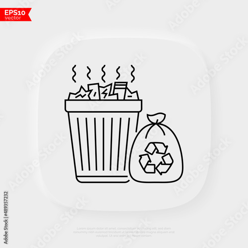 Overloaded trashcan with sign recycle thin line icon. Excess garbage, overconsumption. Vector illustration.
