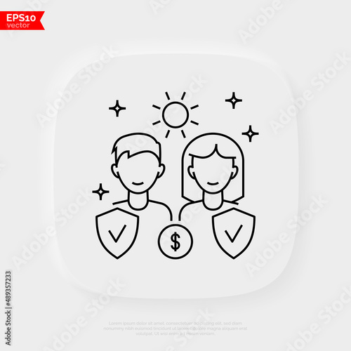 Quality of life. Rising living standards thin line icon. Rising of income. People are protected by shield. Overconsumption problem. Vector illustration.